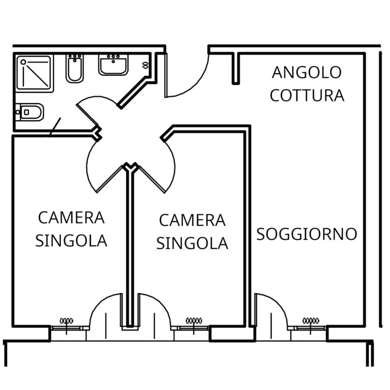 La planimetria di un alloggio della Residenza Goito con due camere da letto singole, un bagno e una zona giorno con angolo cottura e soggiorno.