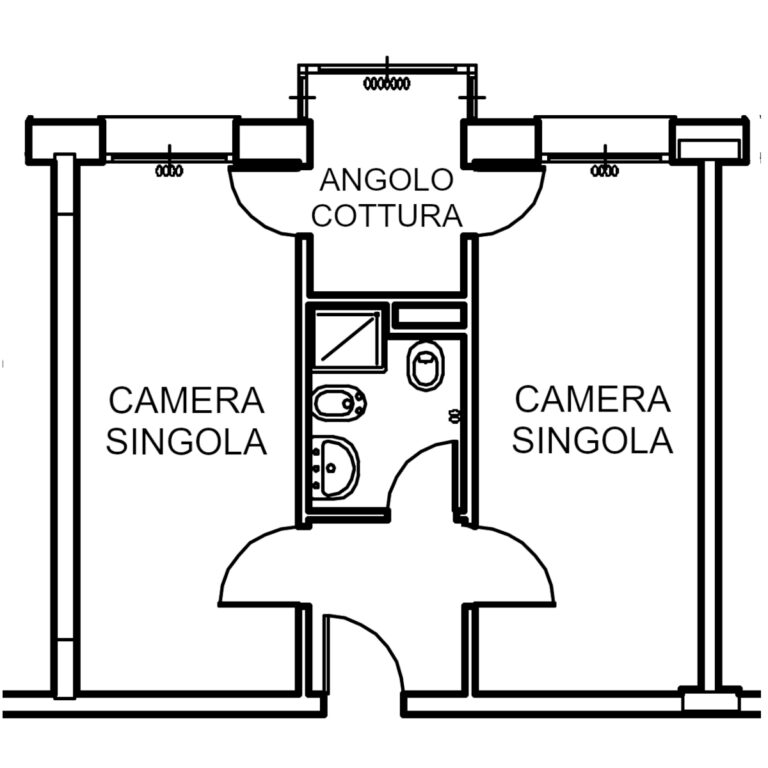 La planimetria di un alloggio della Residenza Cornaro con un angolo cottura, due camere da letto singole e un bagno.