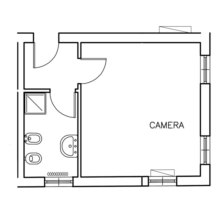 La planimetria di un alloggio della Foresteria Villa Liberty con un ingresso, una camera da letto e un bagno.