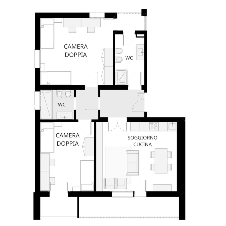 La planimetria di un alloggio della Residenza Minio con 2 camere da letto doppie, due bagni e una zona giorno open space con soggiorno e cucina.