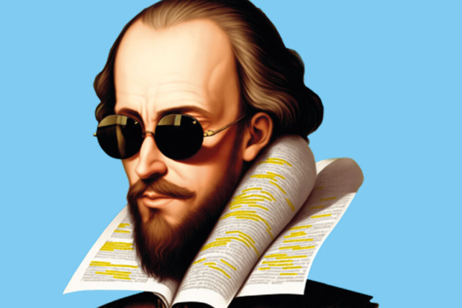 Illustrazione del volto di Shakespeare con gli occhiali da sole