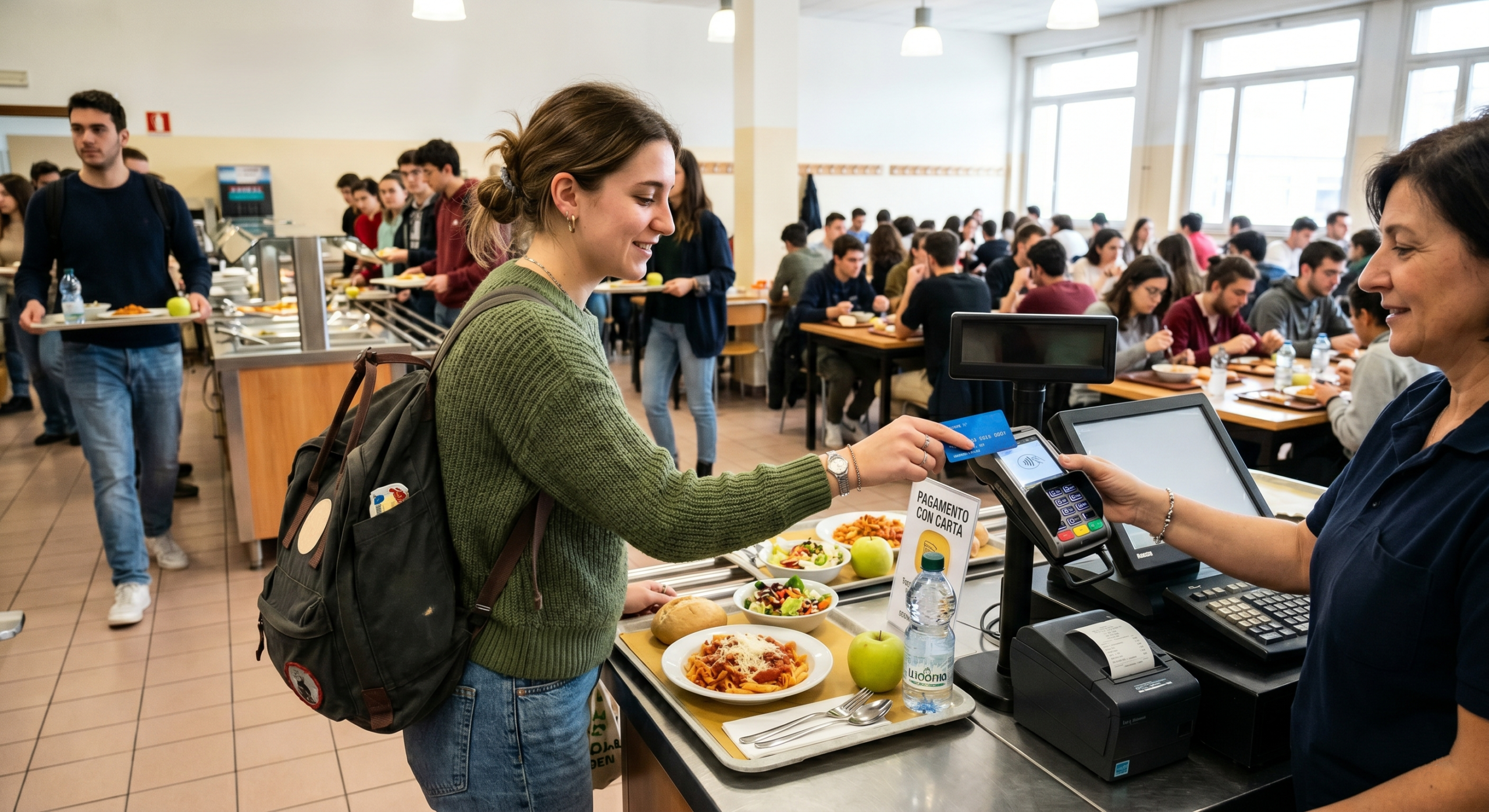 studente all'interno di una mensa universitaria in procinto di pagare con la carta il pranzo che sta acquistando