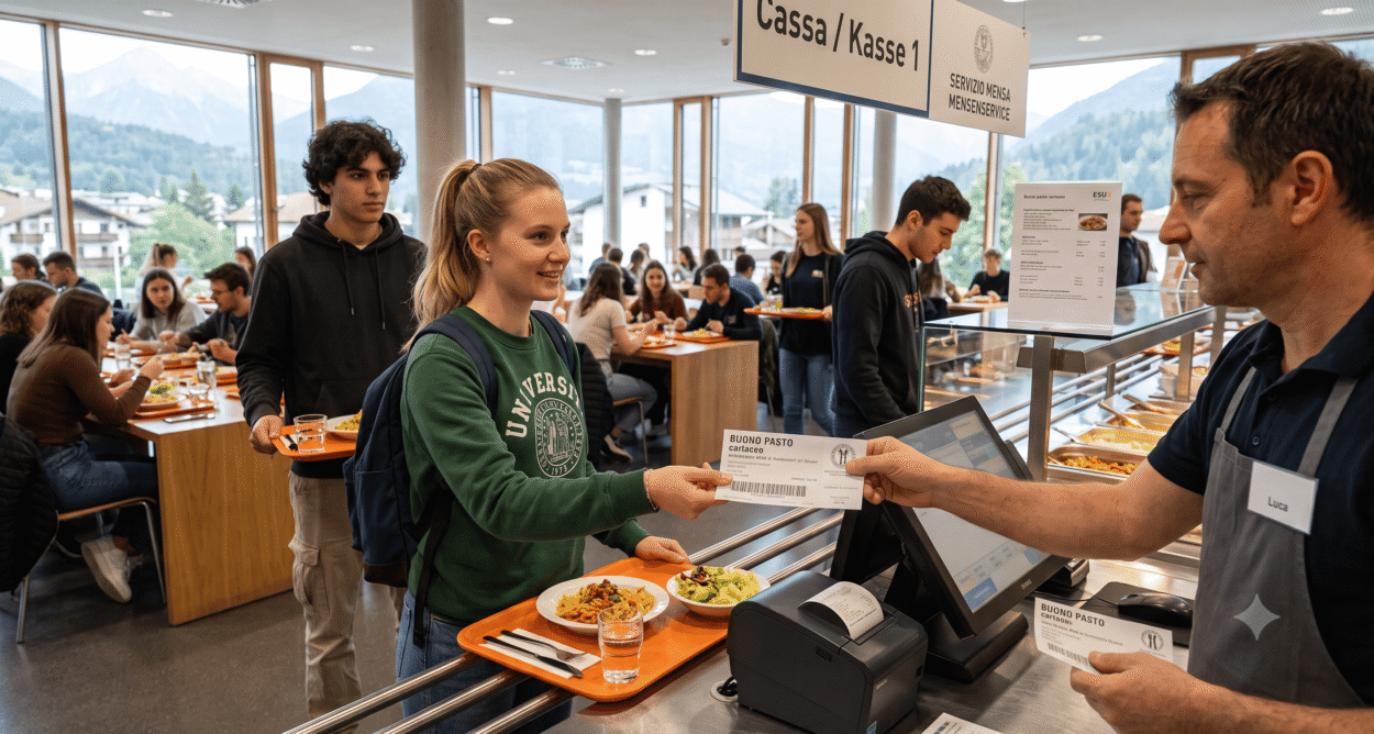 Una studentessa paga il pasto alla mensa di Bressanone con un buono pasto cartaceo