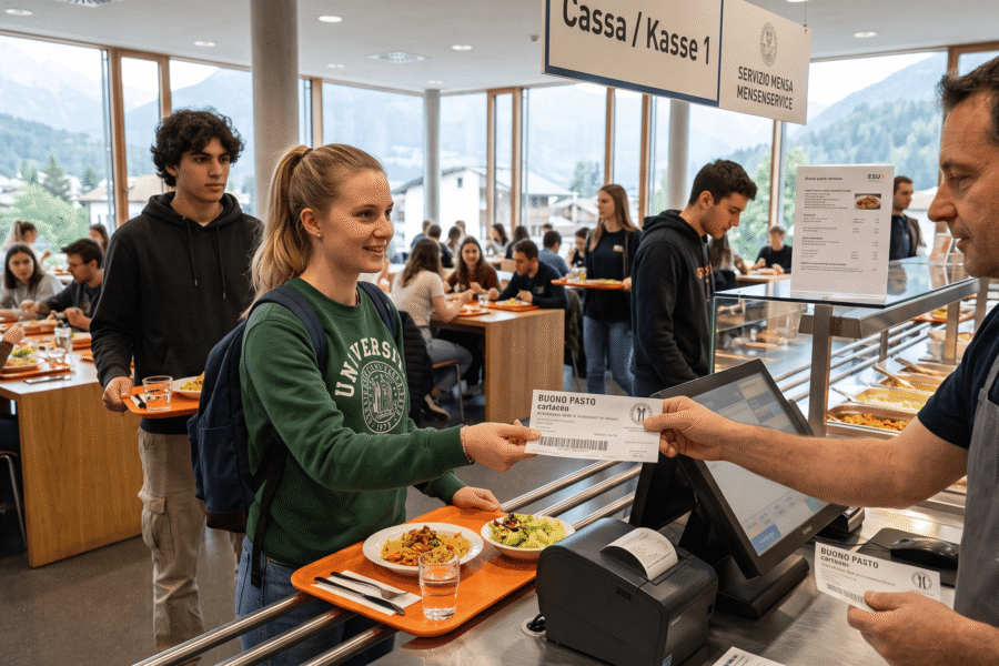 Una studentessa paga il pasto alla mensa di Bressanone con un buono pasto cartaceo